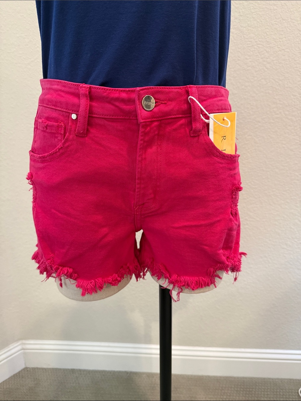 Frayed Hot Pink Denim Short with Button Waist
